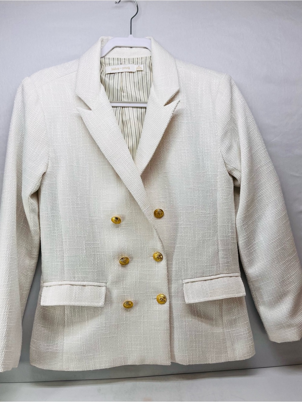 bishop + young Cream Double-Breasted Textured Blazer with Gold Buttons‎